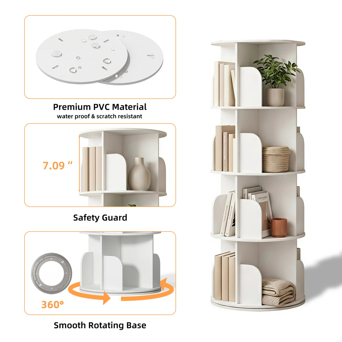 JHK 3-4 Tier Rotating Storage Bookshelf 360° Display Revolving Bookcase  Freestanding Vertical Corner Book Shelf for Bedroom Living Room