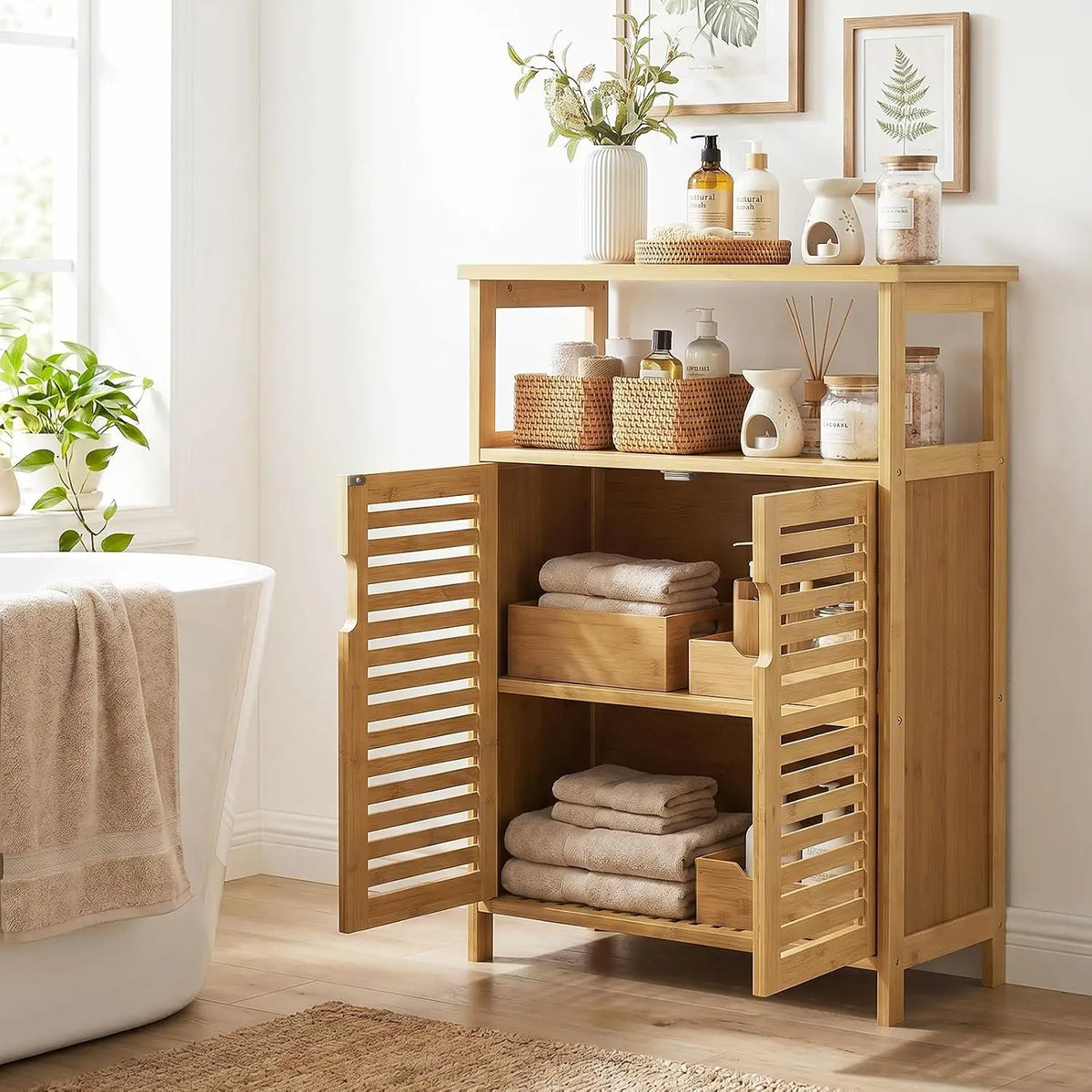 Bamboo Freestanding Bathroom Floor Storage Cabinet with Doors & Shelf | Versatile Cabinet for Living Room Entryway Hallway, Spac