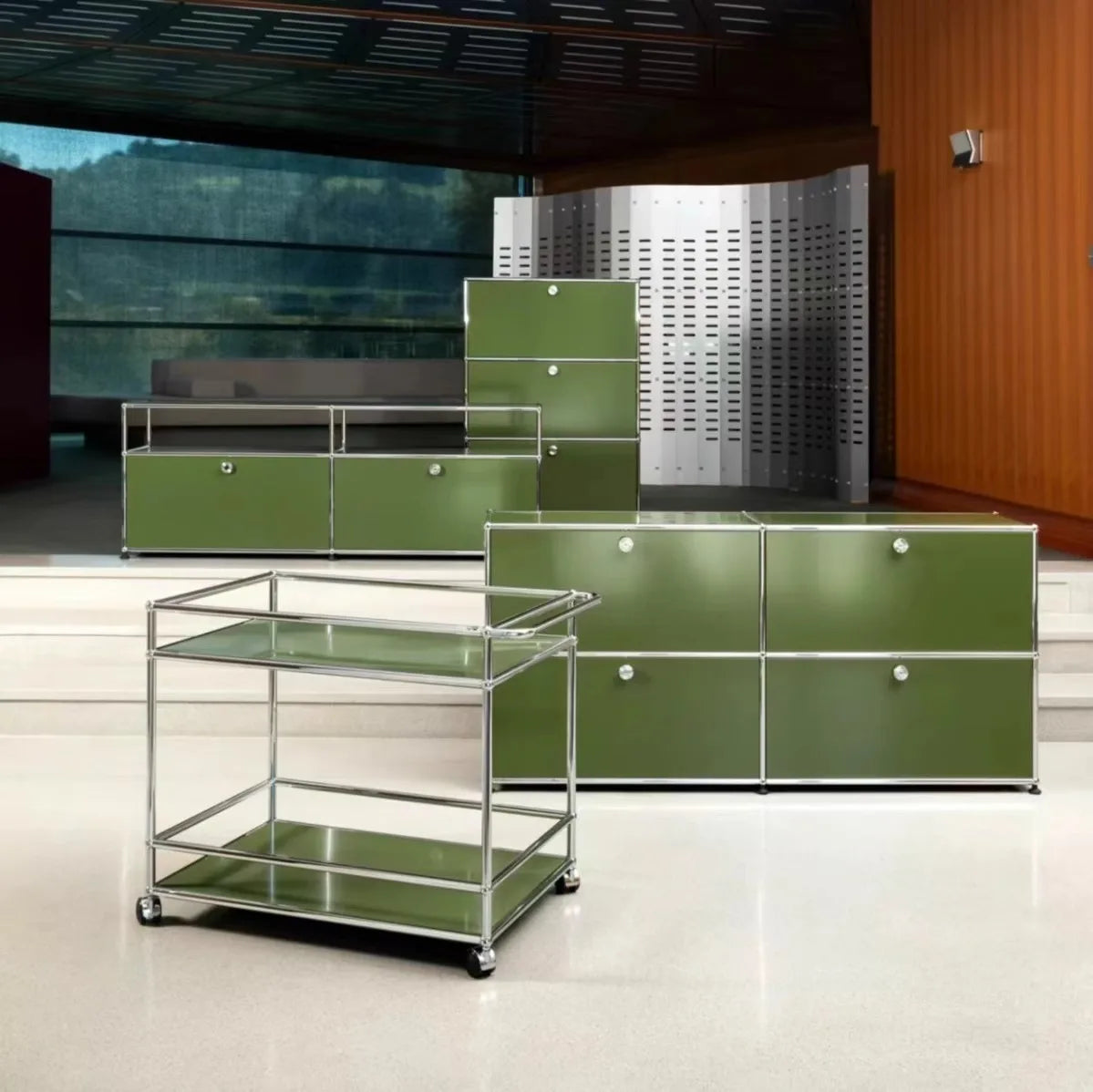 Living Room Sideboard Storage Cabinets Modular Combination Metal Frame for Office Drawers Large Storage Customizable Olive Green