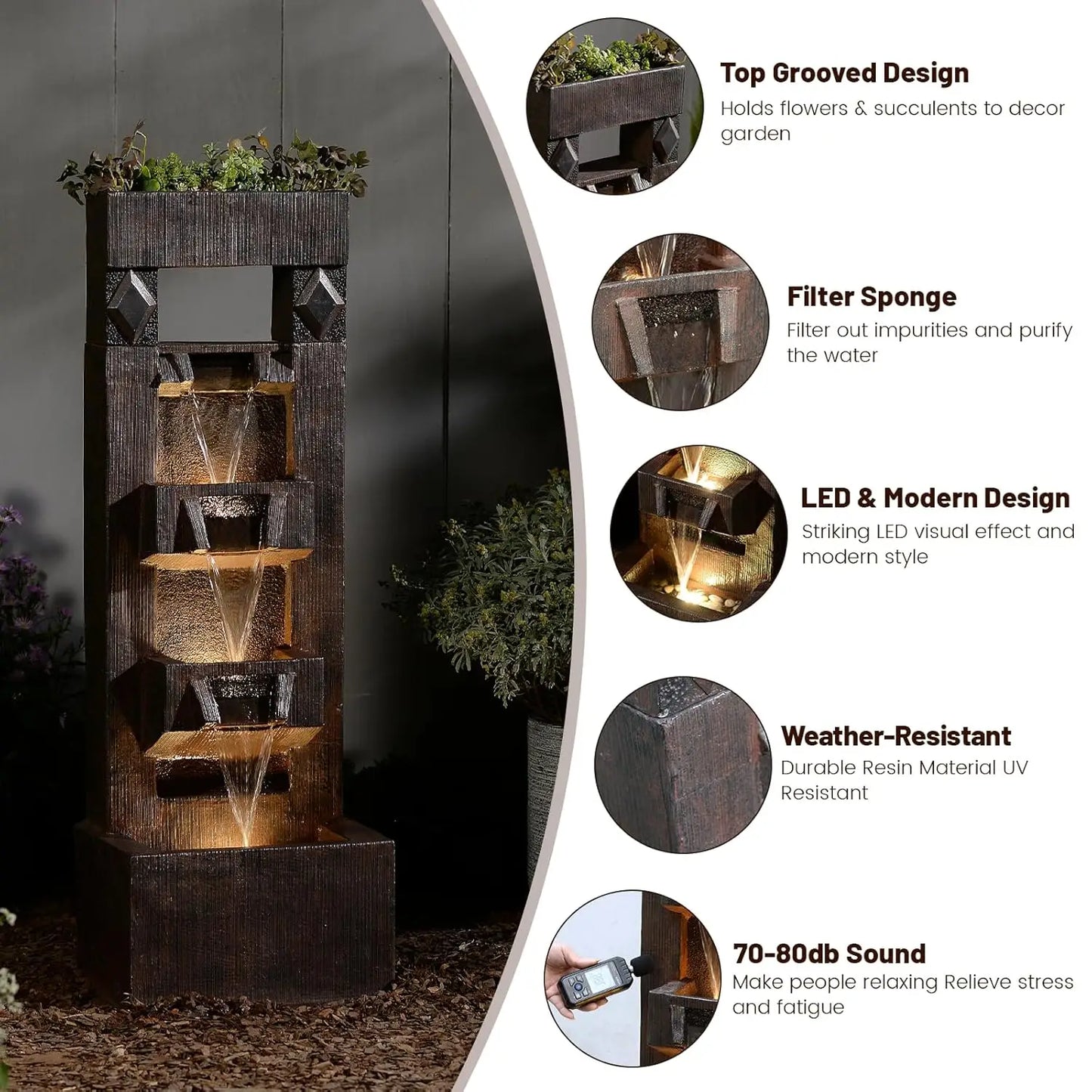 40.9" H 4-Tier Indoor/Outdoor Modern Water Fountain with Led Lights and Pump, Outdoor Freestanding Cascading Waterfall, Custom