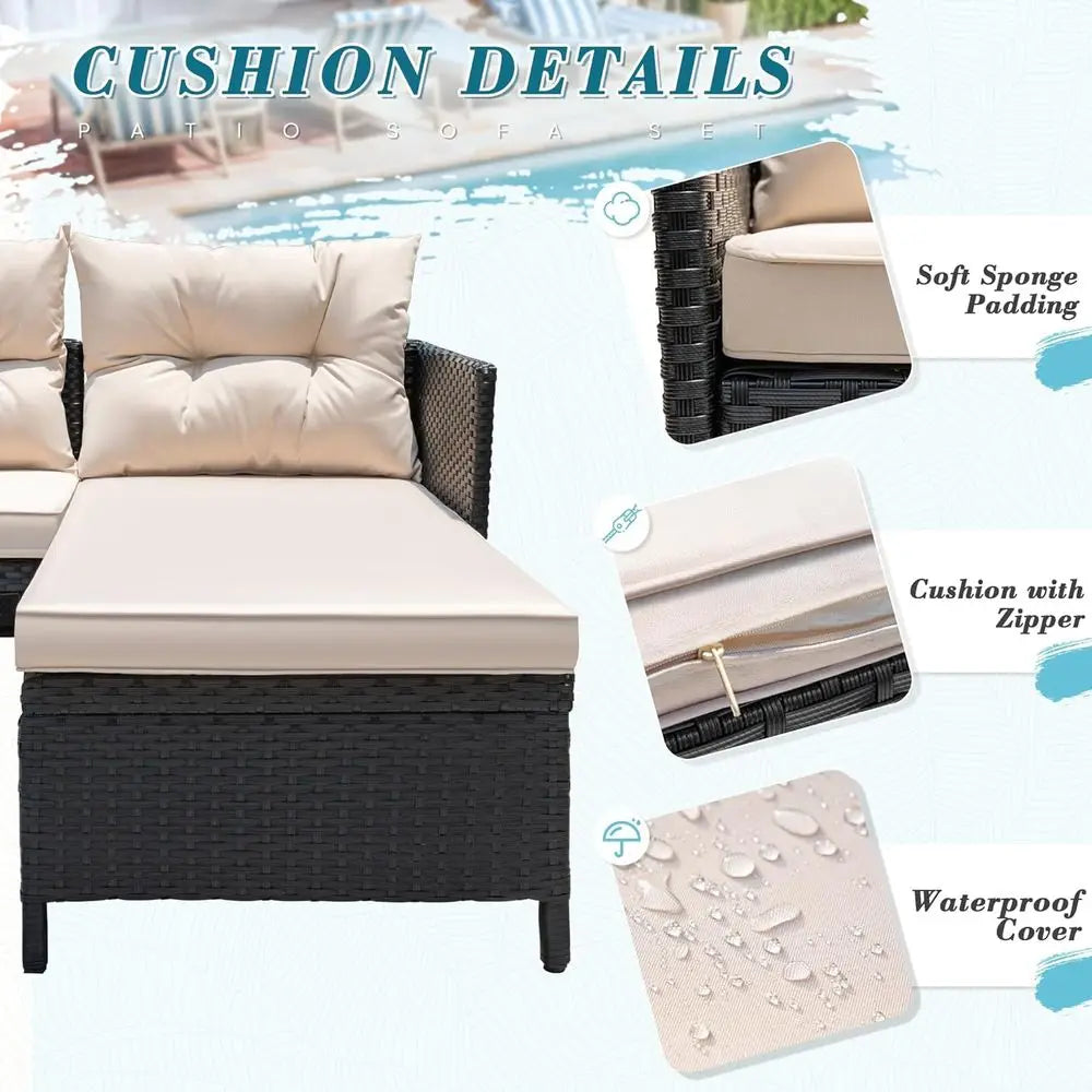 Light Beige 3-Piece Outdoor Wicker Sectional Sofa Set with Cushions and Coffee Table for Patio, Garden, Porch, Poolside