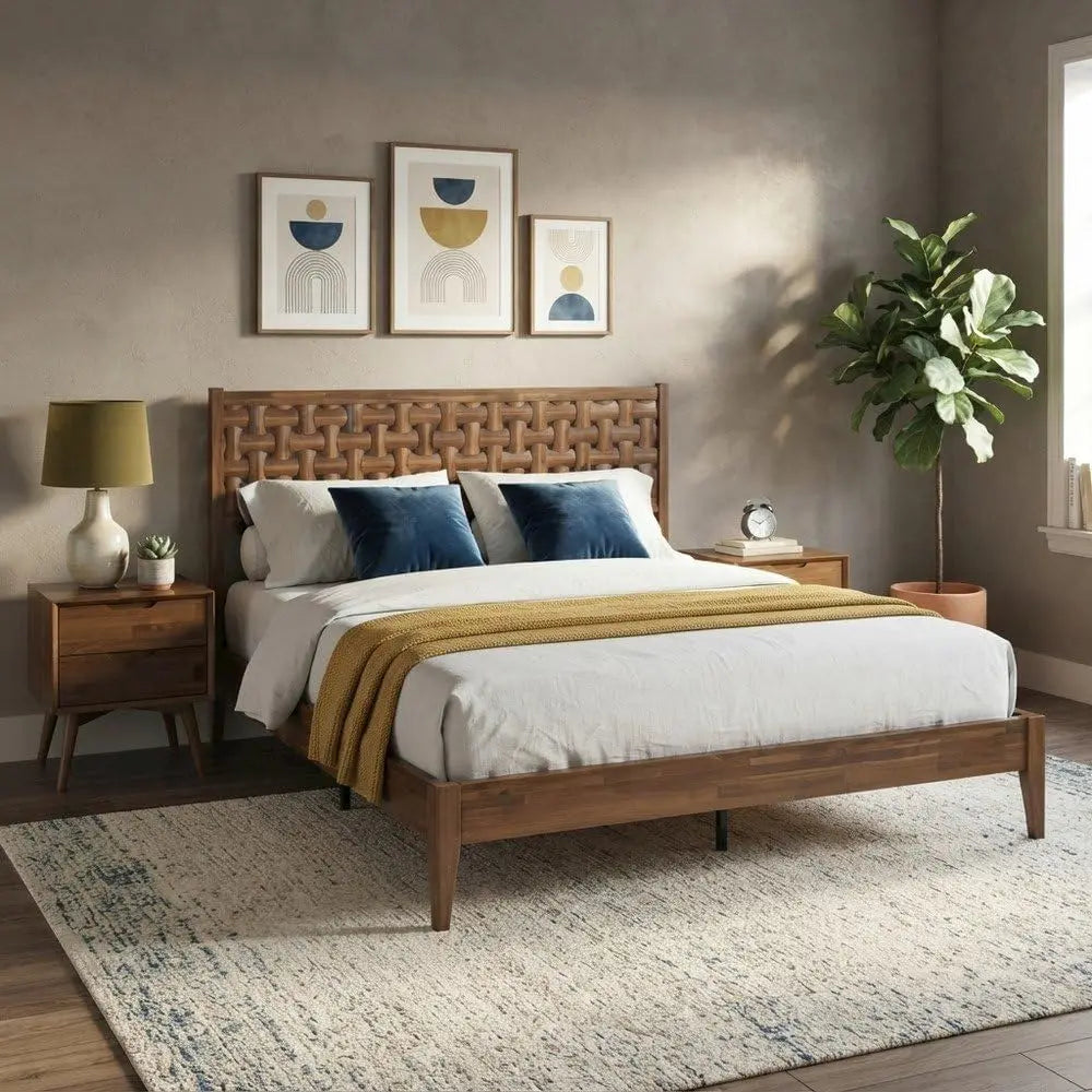 Solid Wood Platform Bed Frame With Headboard & Footboard, King & Queen Size Wooden Bedframe For Bedroom, Walnut, Customized