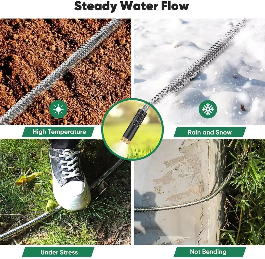 100ft Stainless Steel Garden Hose with 10 Nozzles, No Kink, Lightweight & Flexible