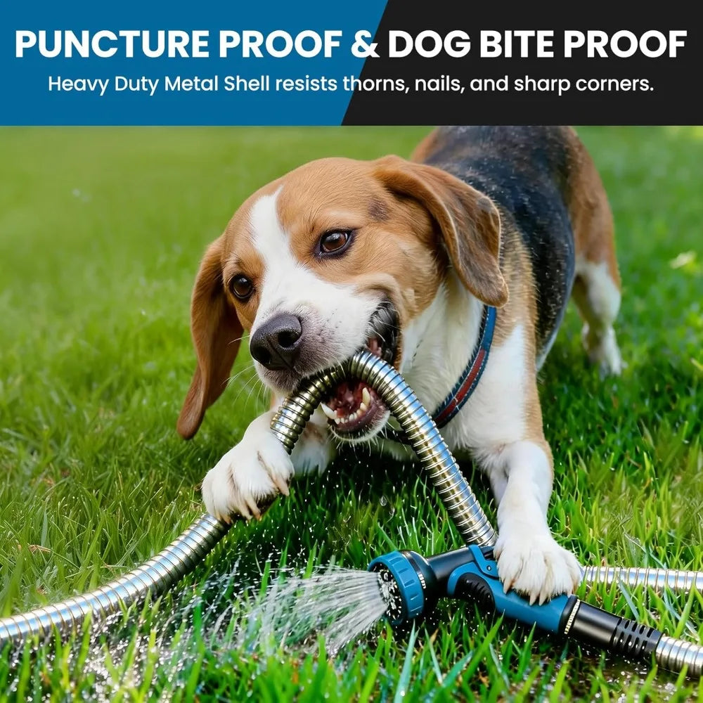 50FT Metal Garden Hose, Stainless Steel, Kink-Free, Pet Proof, 550PSI, Lightweight with 10-Function Nozzle & Brass Fittings