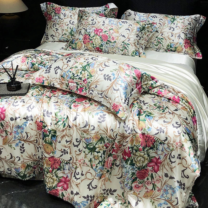 Luxury Mulberry Silk Duvet Cover High End Floral Printed Bedding Set Queen King Ice Silk Comforter Cover Bed Sheets Pillowcases