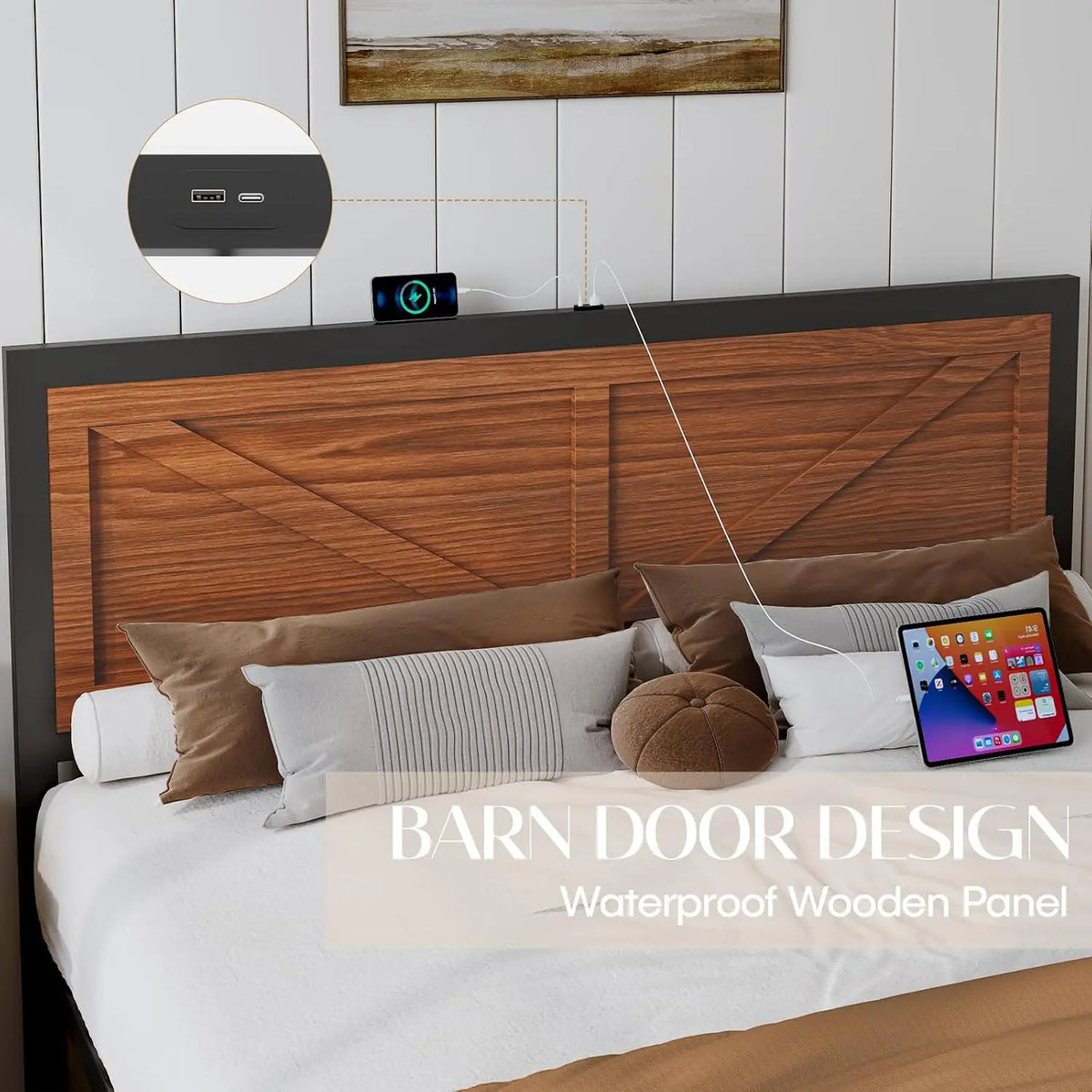 Rustic Bed Frame Queen Size with Barn Door Headboard, LED Bed Frame with Charging Station, Industrial Platform, Customized