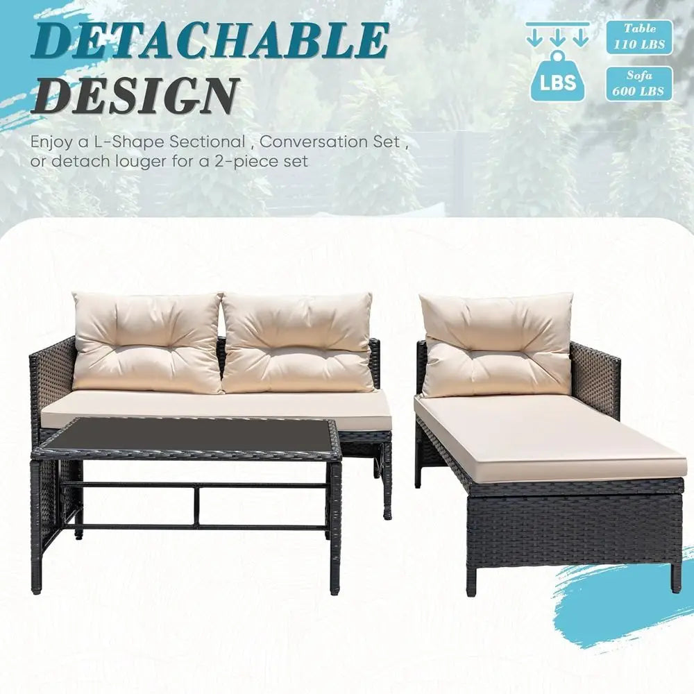 Light Beige 3-Piece Outdoor Wicker Sectional Sofa Set with Cushions and Coffee Table for Patio, Garden, Porch, Poolside
