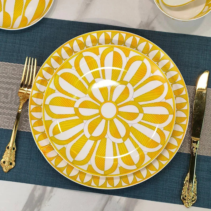 European style tableware, bone china, geometric creativity, home style steak plate dining plate, sunshine cup and plate set gift