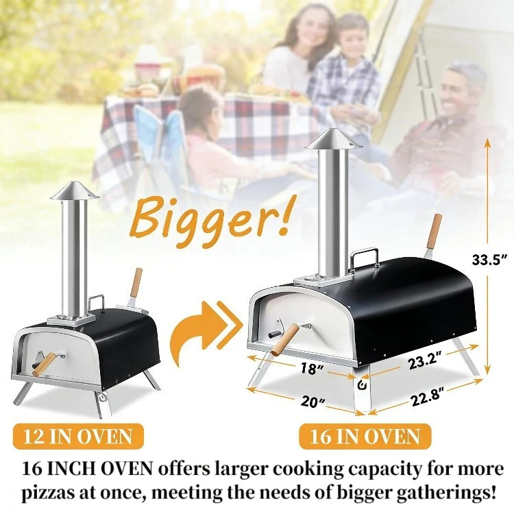16" Outdoor Pizza Oven Propane and Wood Fired Stainless Steel Grill with Gas Burner, Wood Tray  Stone,  Peel
