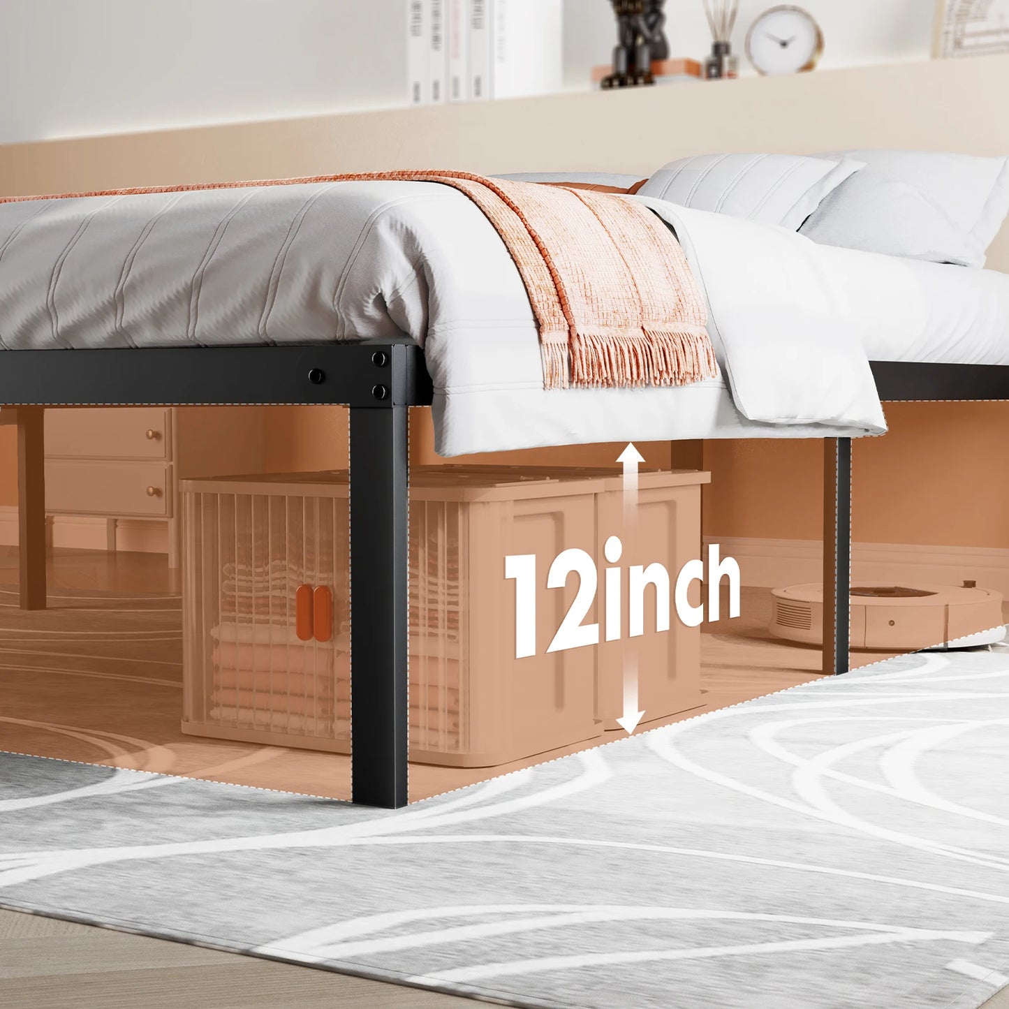 JHK Basic Twin Full Queen King Size Bed Frame Metal Platform Bedroom Frames with Storage Space Sturdy Steel Slat Support 350LBS