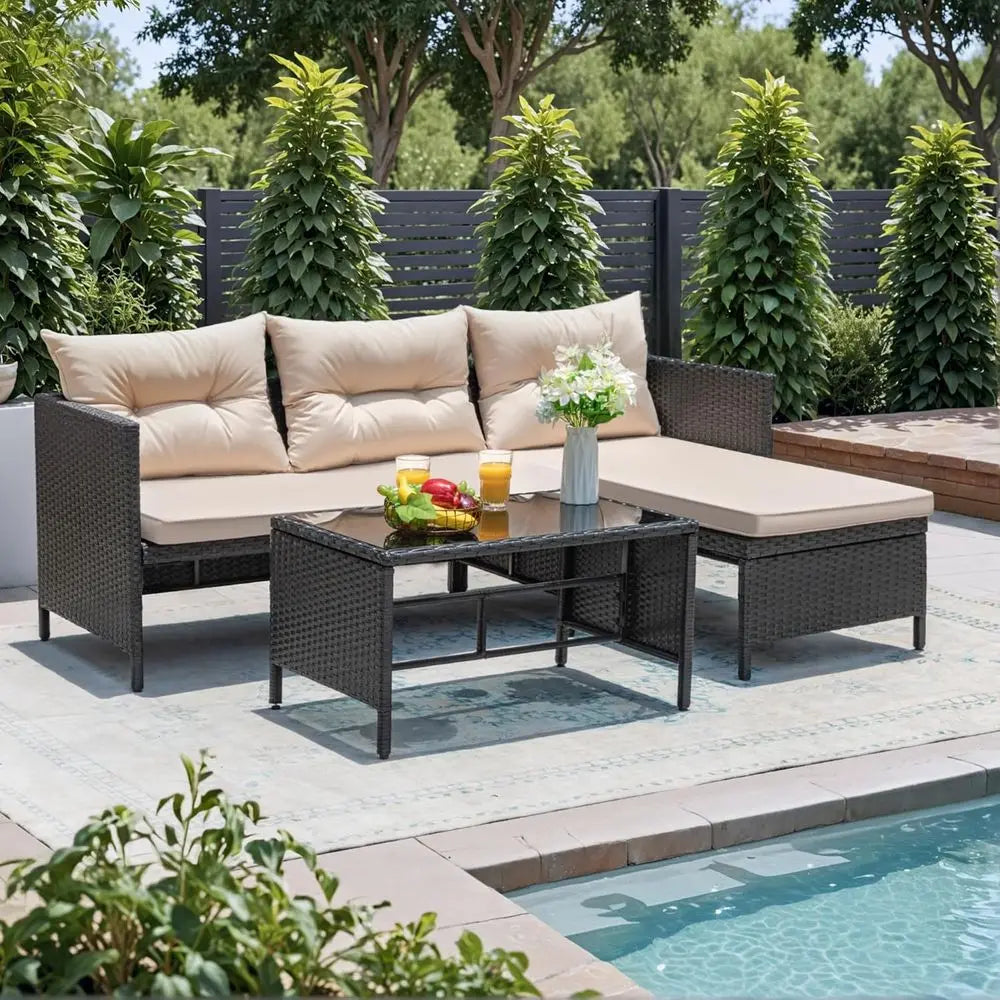 Light Beige 3-Piece Outdoor Wicker Sectional Sofa Set with Cushions and Coffee Table for Patio, Garden, Porch, Poolside