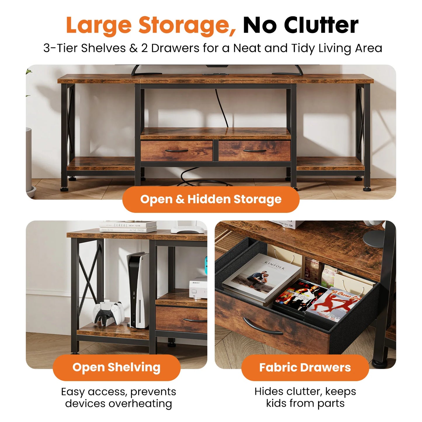JHK Wooden TV Stand For Up To 70/75 Inch TV with Drawers Television Stands Media Console with Charging Station Drawers Shelf