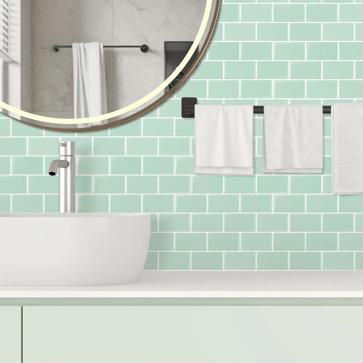 Vividtiles Big Size 12*12 Inch Self Adhesive Vinyl Wallpaper Peel and Stick Green Subway 3D Effect Tiles for Kicthen (5-Sheets)