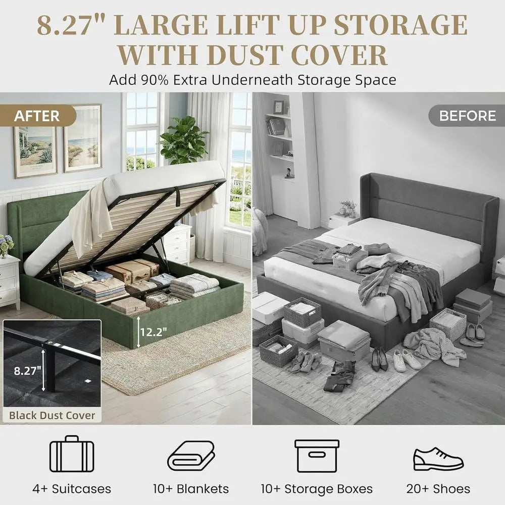 Queen Size Lit Up Storage Bed e, ern Wingback board, lannel abric Upholstered Platorm Bed with Hydraulic, Wooden Slat Support, N