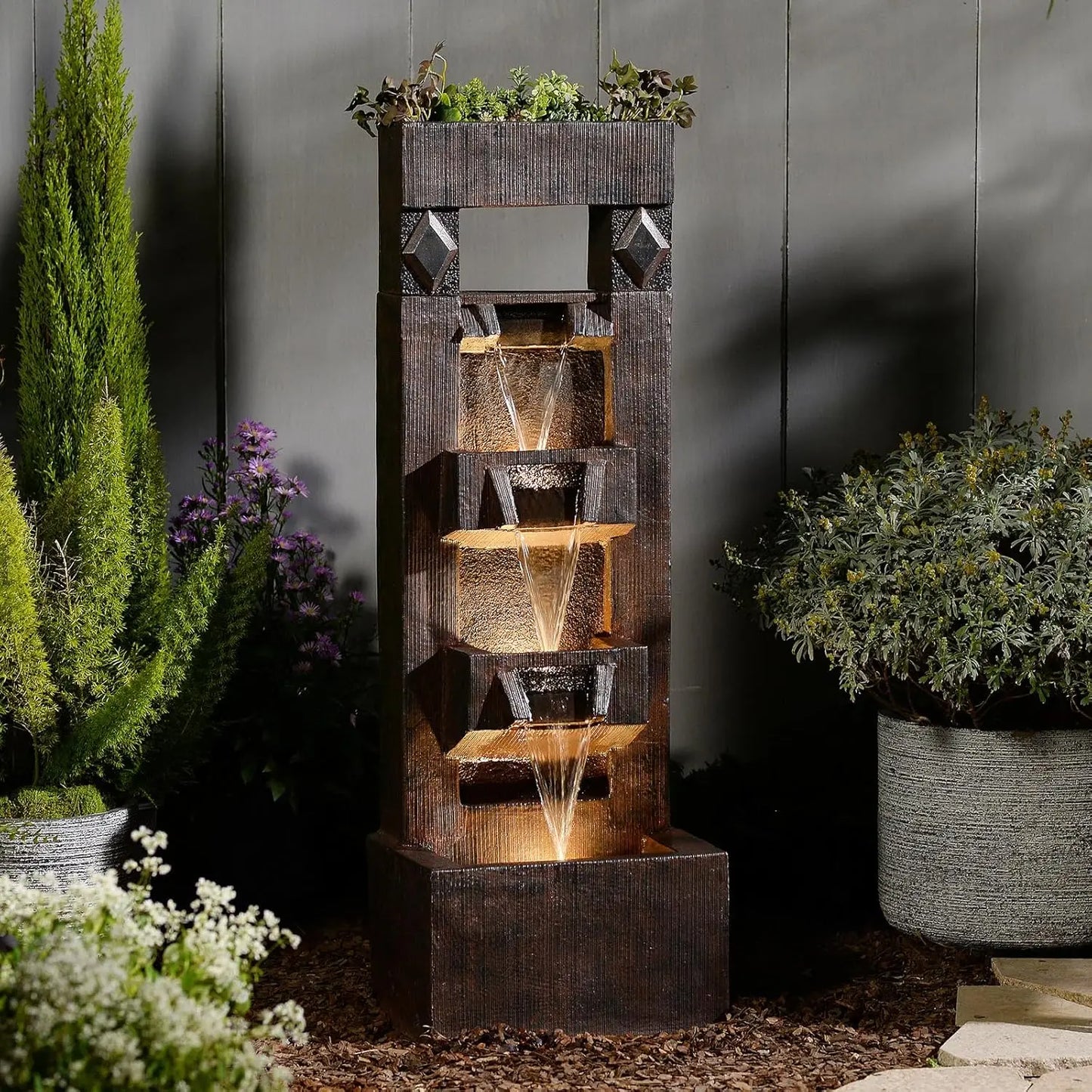 40.9" H 4-Tier Indoor/Outdoor Modern Water Fountain with Led Lights and Pump, Outdoor Freestanding Cascading Waterfall, Custom
