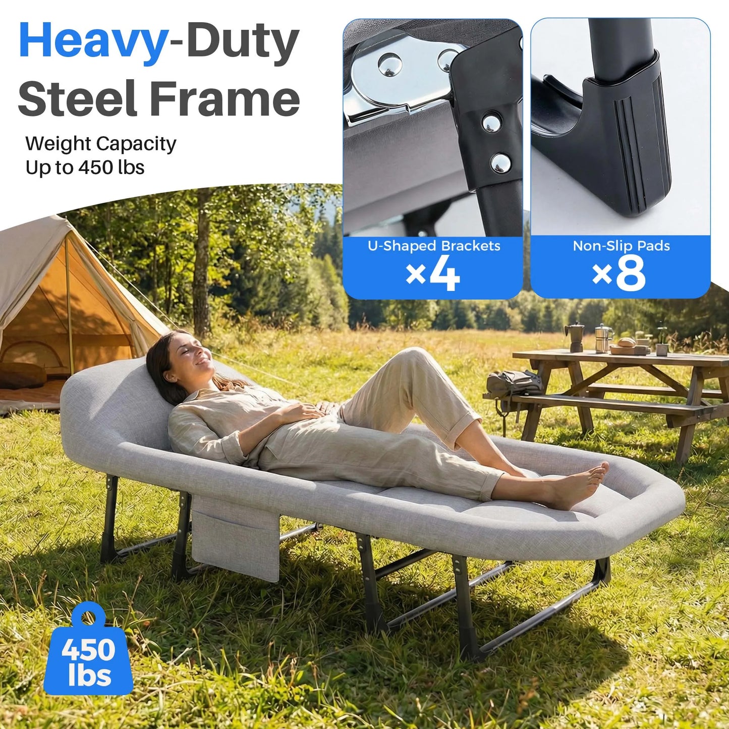 JHK Adjustable Folding Camping Bed with Mattress  Lightweight Camping Cot with Carry Bag 6 Angle Foldable Camping Bed for Camp Outdoor Supports 450 lbs