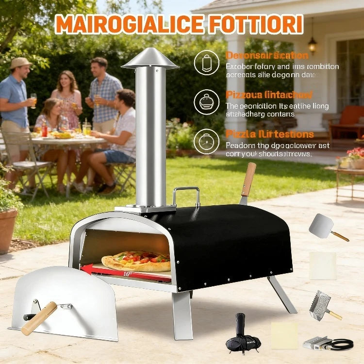 16" Outdoor Pizza Oven Propane and Wood Fired Stainless Steel Grill with Gas Burner, Wood Tray  Stone,  Peel