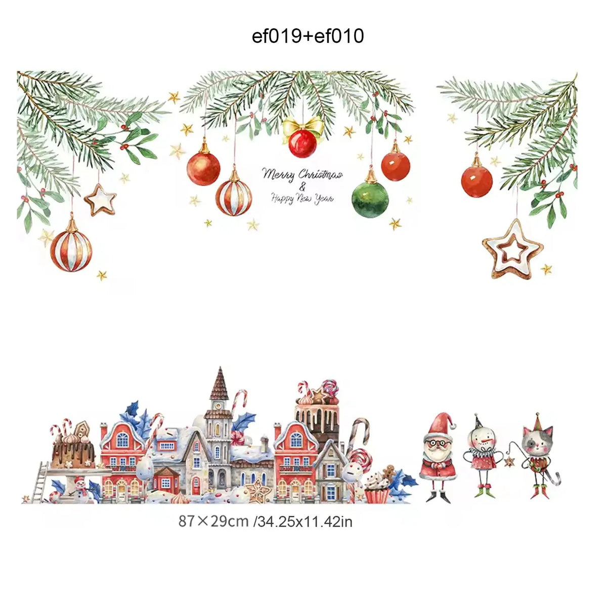 Double-Sided Christmas Window Sticker Pine Branch Xmas-Ball Stars Snowman,Static Clings Reusable Glass Film for Home Decor