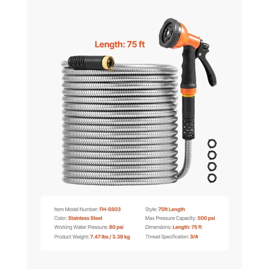75 ft Metal Garden Hose for Outdoor Yard Use Durable Stainless Steel Water Pipe with 10-Function Spray Nozzle, Flexible No-Kink