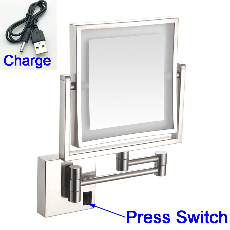 Rose Gold Square Led Bathroom Mirror Wall Mounted Lighted Bathroom Makeup Mirror Accessories 3X Magnifying Bathroom Mirrors