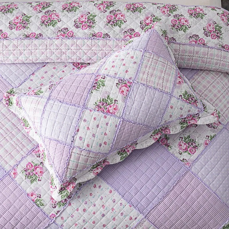 Floral Plaid Blanket, Cotton Quilt, Bedspread on the Bed, Applique Duvet, Quilted European Coverlet, Cubrecam Linen Bed Cover