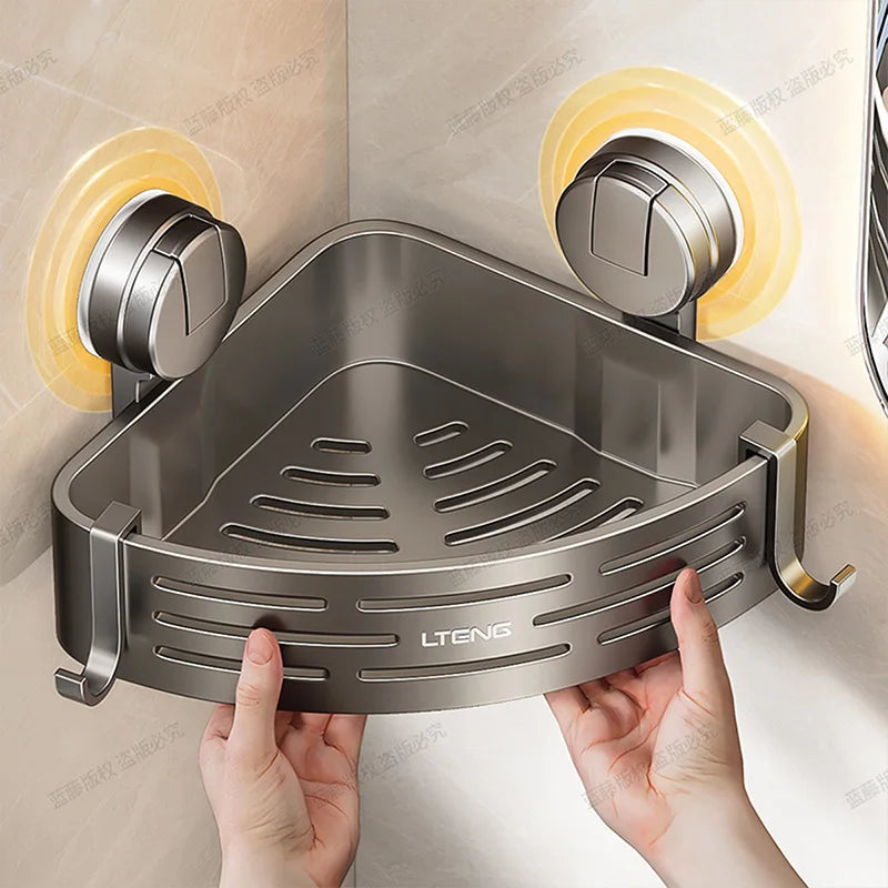 No-Drill Suction Cup Triangle Shower Basket - Stainless Steel, Rustproof, with Hooks for Bathroom Corner Storage of Shampoo Soap