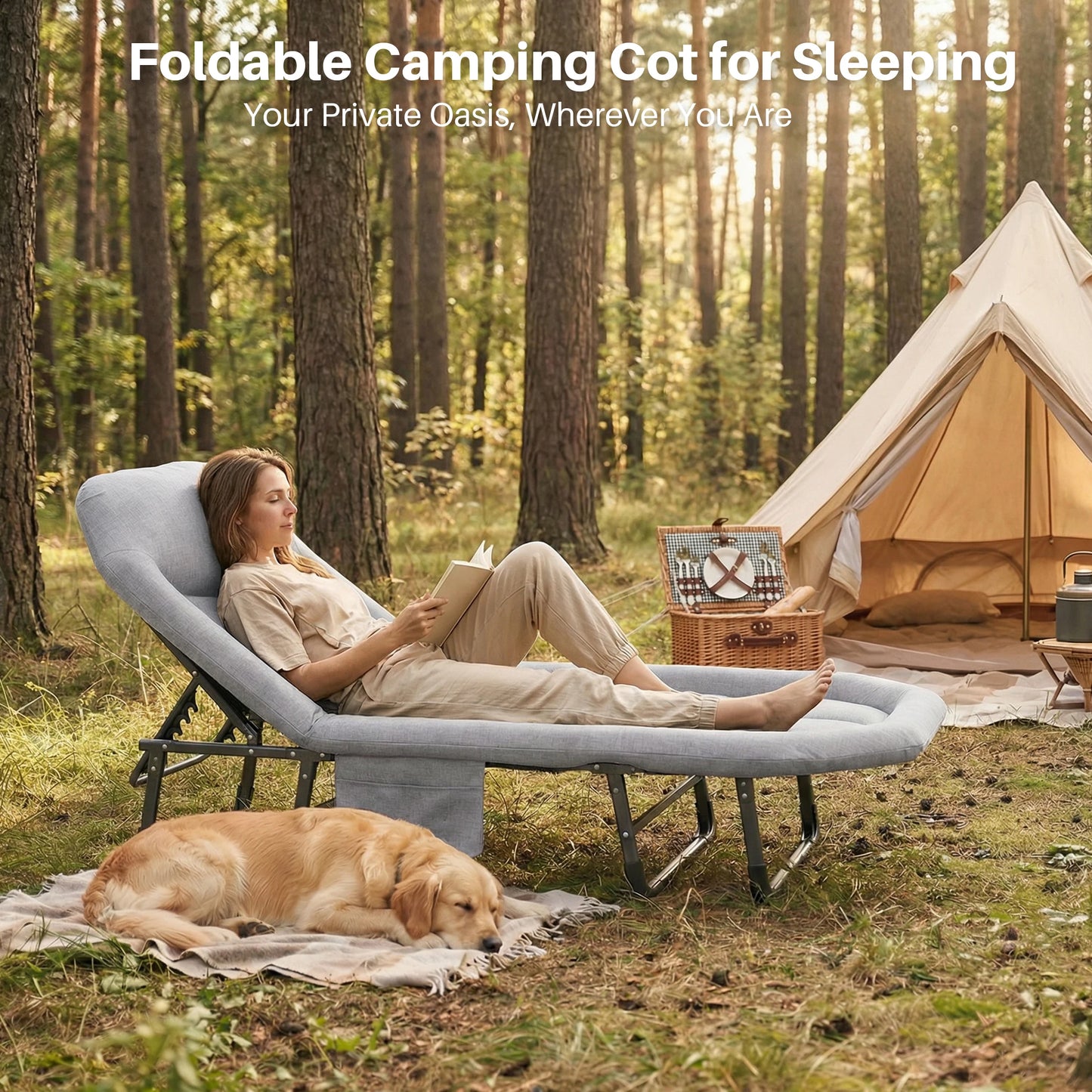JHK Adjustable Folding Camping Bed with Mattress  Lightweight Camping Cot with Carry Bag 6 Angle Foldable Camping Bed for Camp Outdoor Supports 450 lbs