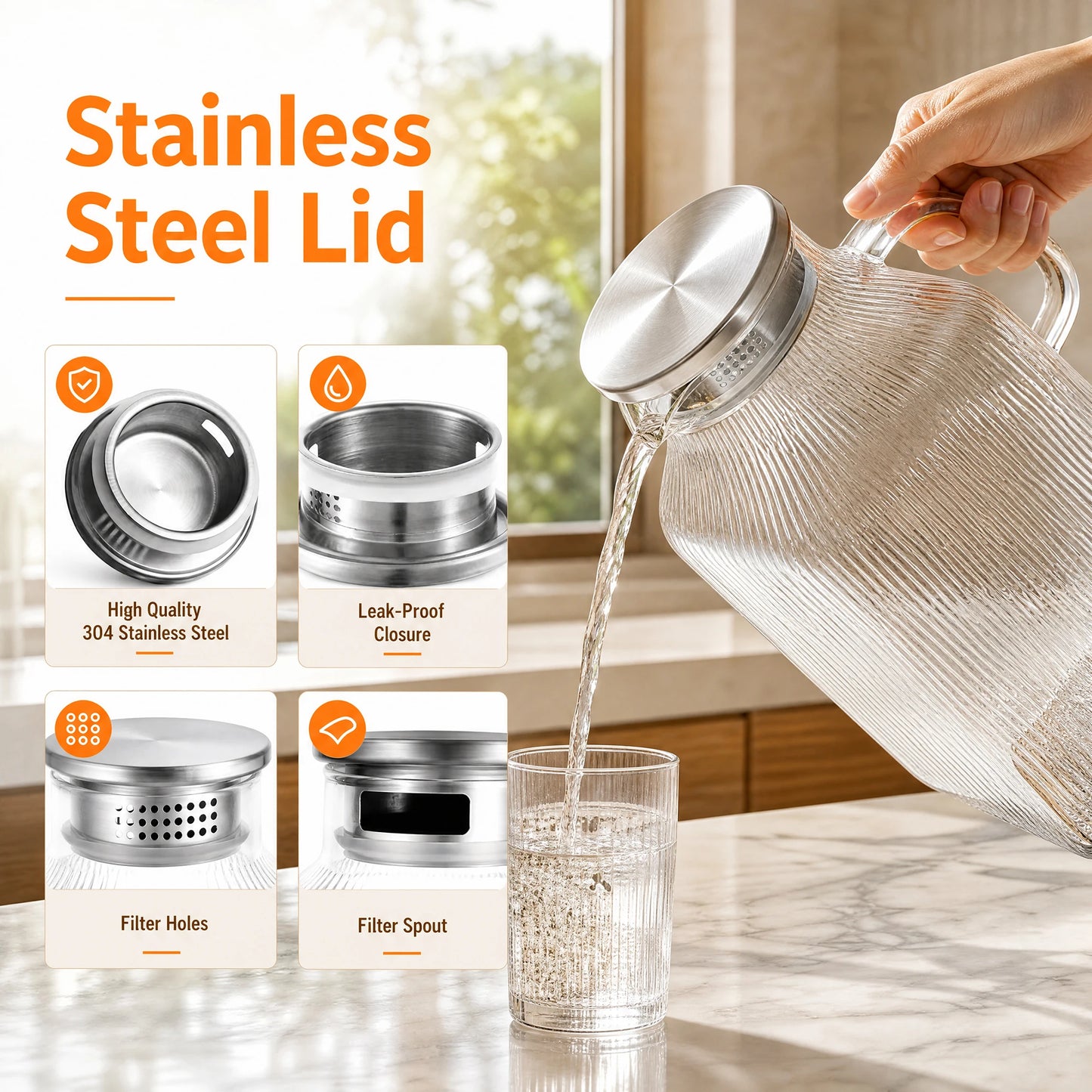 2 Pack 1 Gallon Large Glass Water Pitcher with Handle and Strainer Lid, 3800ml Big Glass Beverage Pitcher for Fridge, Iced Tea, Juice, Sangria, Hot & Cold Daily Drinks