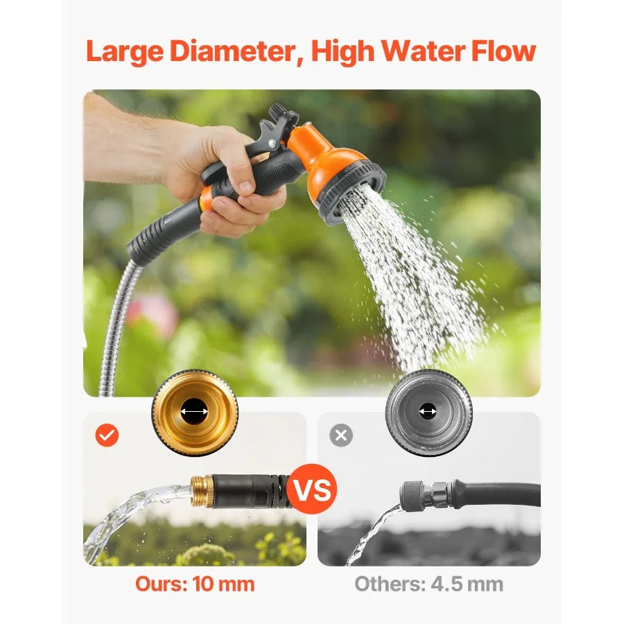 75 ft Metal Garden Hose for Outdoor Yard Use Durable Stainless Steel Water Pipe with 10-Function Spray Nozzle, Flexible No-Kink