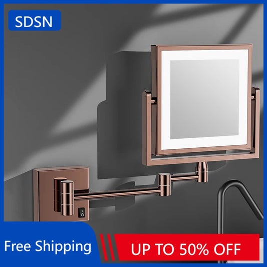 Rose Gold Square Led Bathroom Mirror Wall Mounted Lighted Bathroom Makeup Mirror Accessories 3X Magnifying Bathroom Mirrors