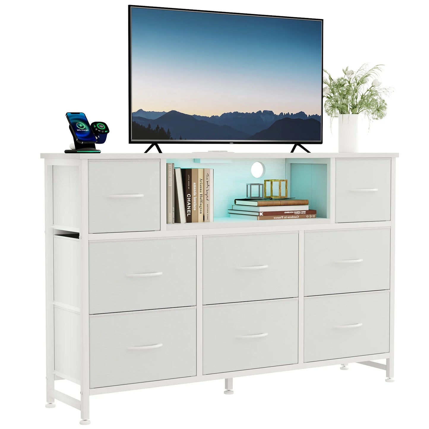 JHK LED TV Stand Dresser with 8 Fabric Drawers Entertainment Center with Charging Station and Open Shelves Wood Top Media Console for 45-55 inch