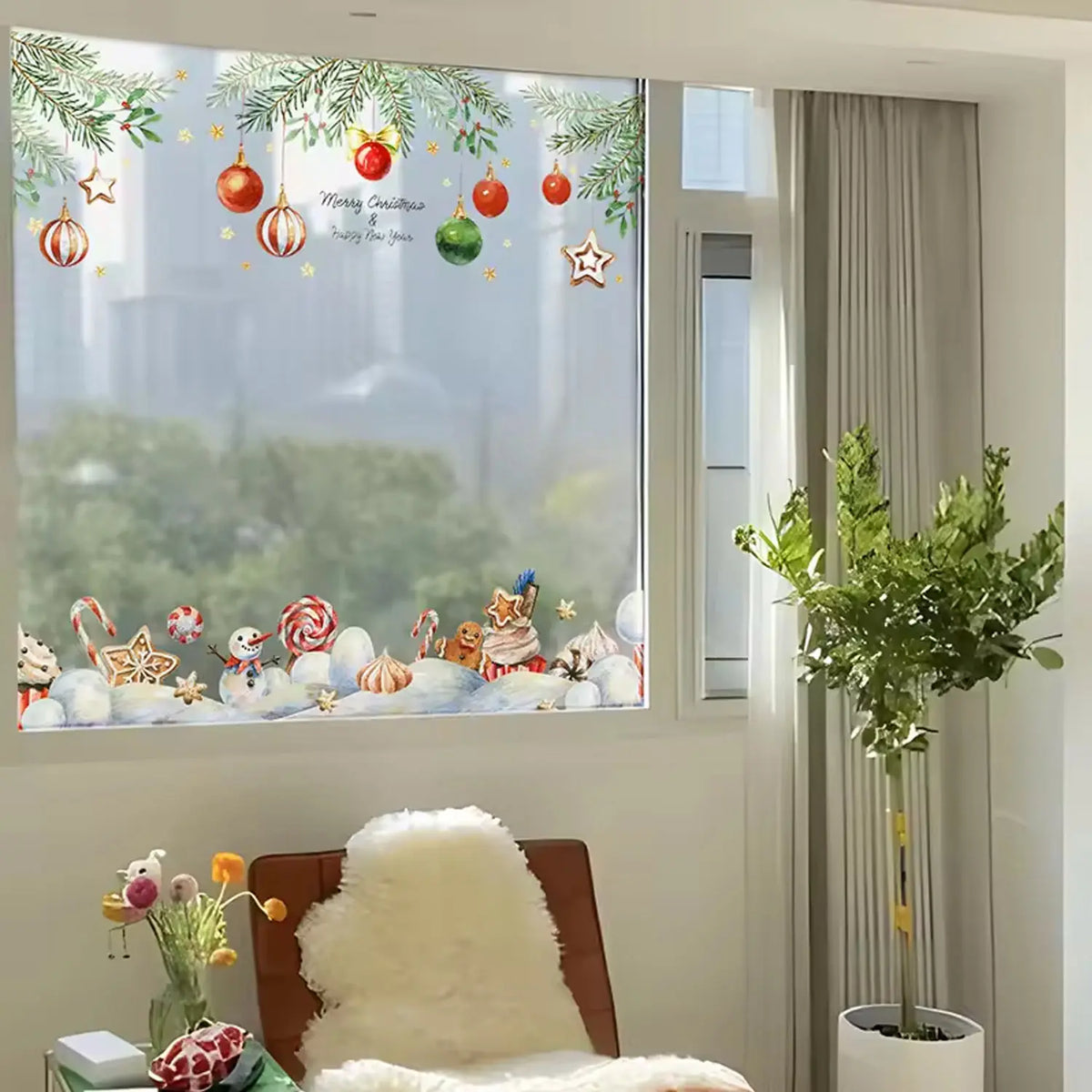 Double-Sided Christmas Window Sticker Pine Branch Xmas-Ball Stars Snowman,Static Clings Reusable Glass Film for Home Decor