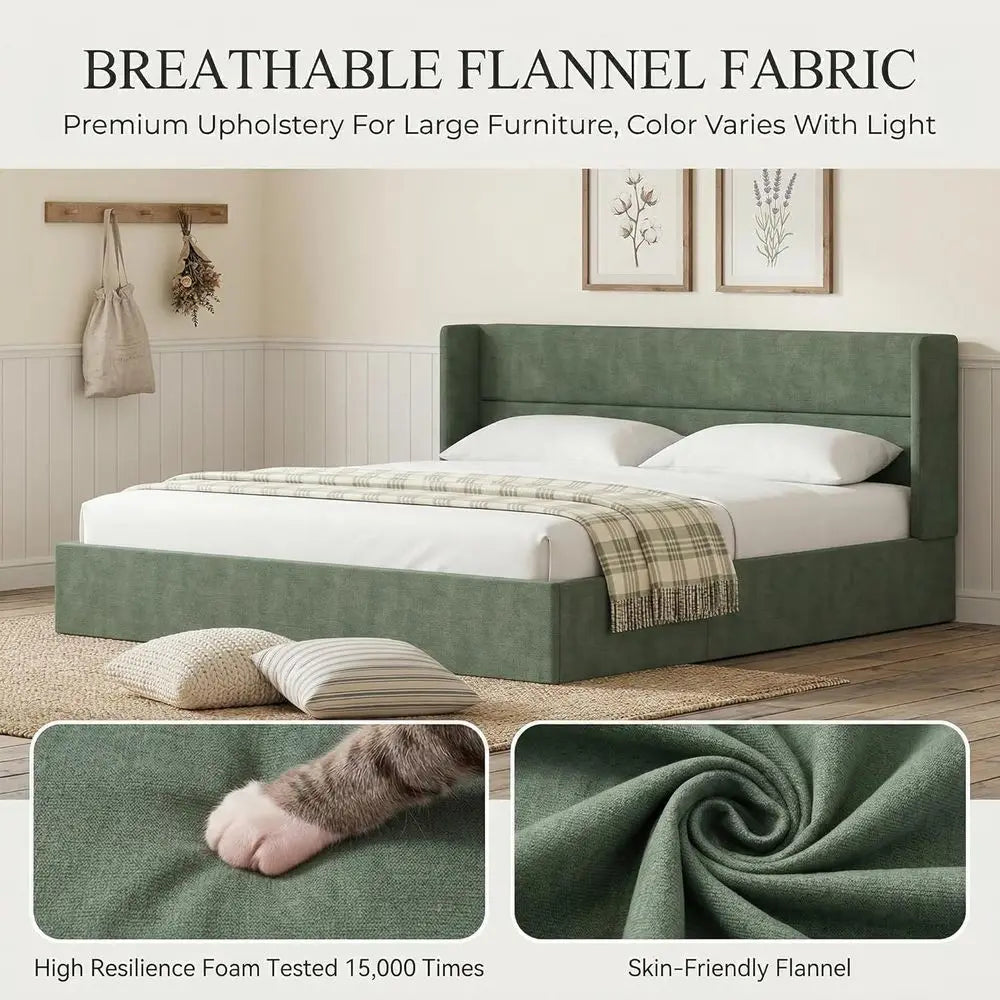 Queen Size Lit Up Storage Bed e, ern Wingback board, lannel abric Upholstered Platorm Bed with Hydraulic, Wooden Slat Support, N
