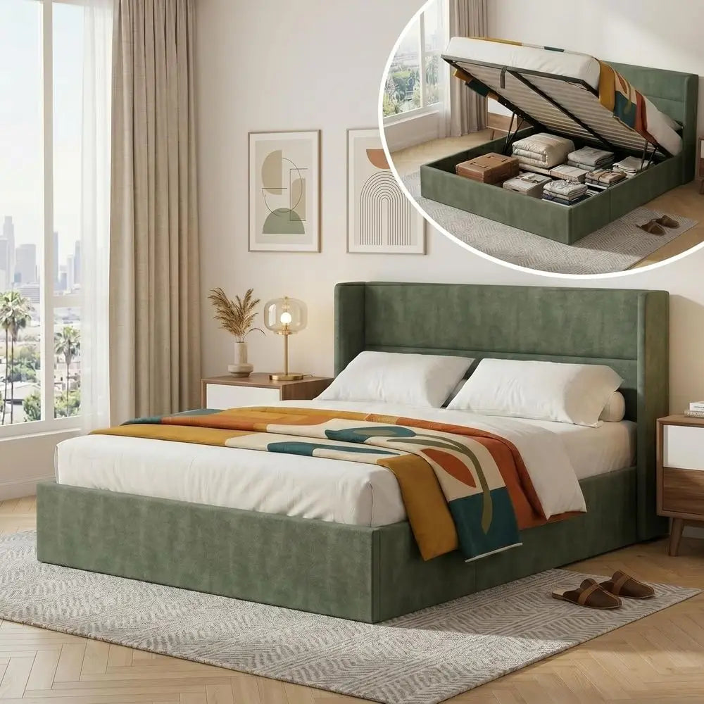 Queen Size Lit Up Storage Bed e, ern Wingback board, lannel abric Upholstered Platorm Bed with Hydraulic, Wooden Slat Support, N