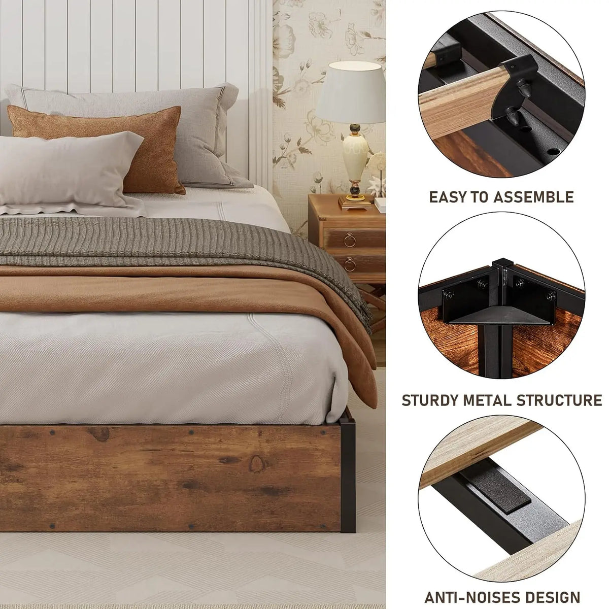 Queen Bed Frame with Lift Up Storage, Wooden Platform with Underbed Space, Rustic Brown, Customized