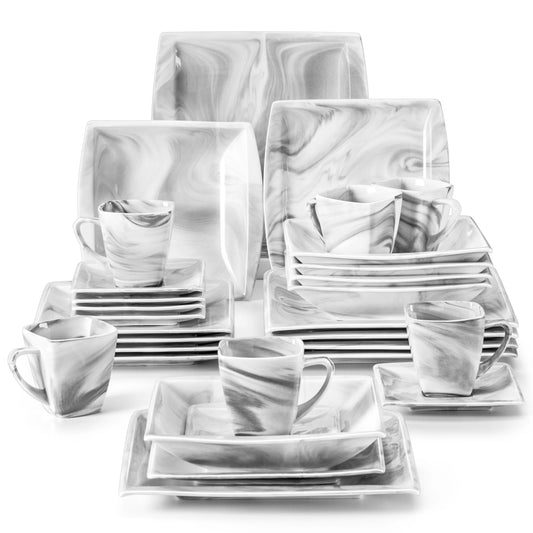 MALACASA 30/60PCS Marble Grey Porcelain Tableware Dinnerware Set with 6PCS Dessert/Soup/Dinner Plate/Cup/Saucer,Service for 12