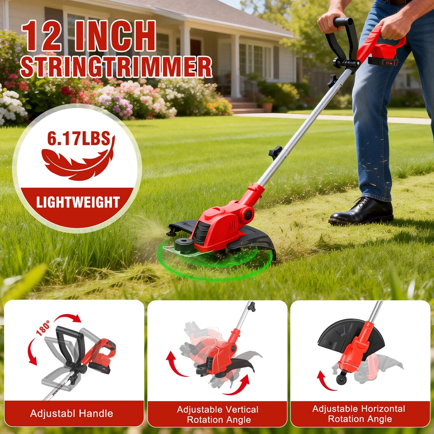 12-Inch Cordless String Trimmer 90° Rotatable Lawn Mower 9650RPM10 Spools 2x2.5Ah Batteries & Charger for Lawn Garden Tools