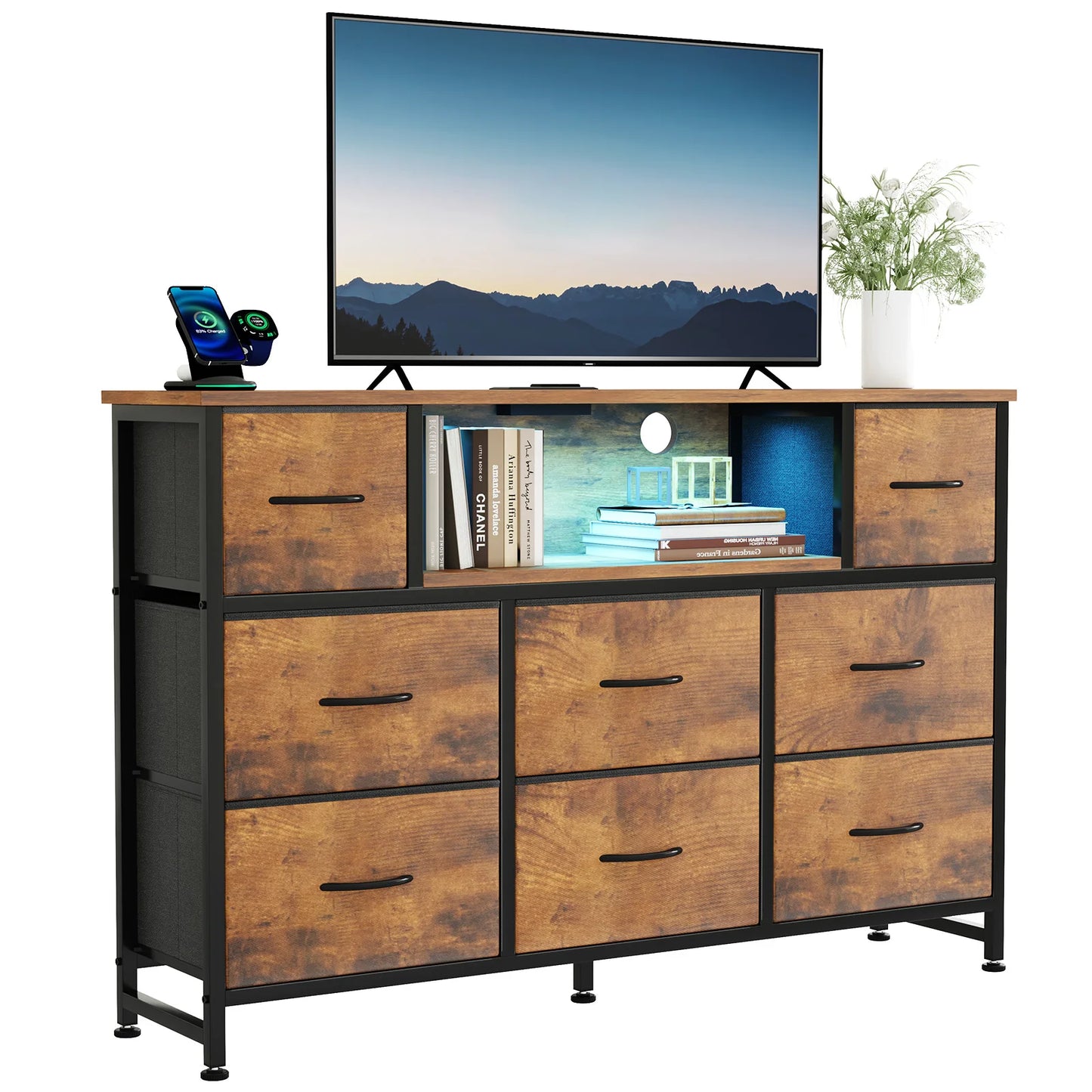JHK LED TV Stand Dresser with 8 Fabric Drawers Entertainment Center with Charging Station and Open Shelves Wood Top Media Console for 45-55 inch