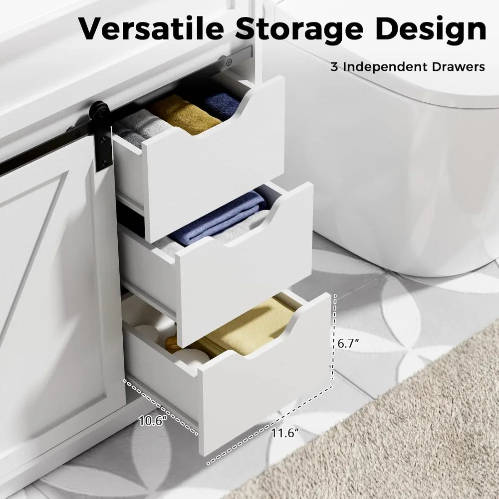30" Bathroom Vanity with Sink, Farmhouse Cabinet, White, Sliding Barn Door, 3 Drawers, Freestanding