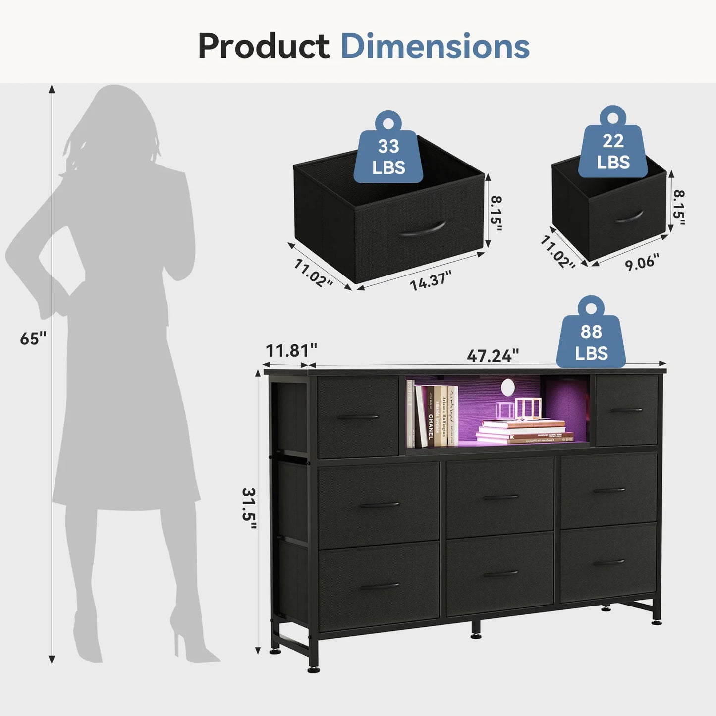 JHK LED TV Stand Dresser with 8 Fabric Drawers Entertainment Center with Charging Station and Open Shelves Wood Top Media Console for 45-55 inch