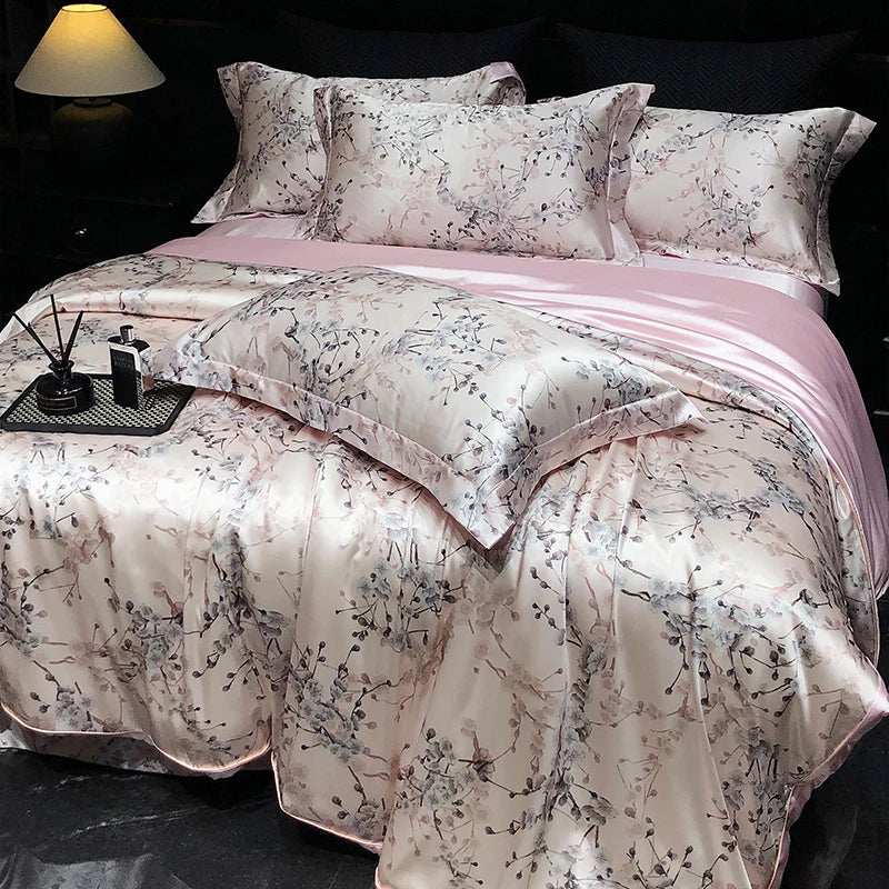 Luxury Mulberry Silk Duvet Cover High End Floral Printed Bedding Set Queen King Ice Silk Comforter Cover Bed Sheets Pillowcases