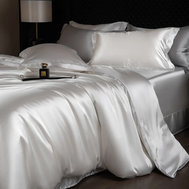 Silk Bed Sheets Set Luxury Bedding Set with Duvet Cover Fitted/Flat Bedheet Pillowcases Mixed with Rayon King Queen Full Twin
