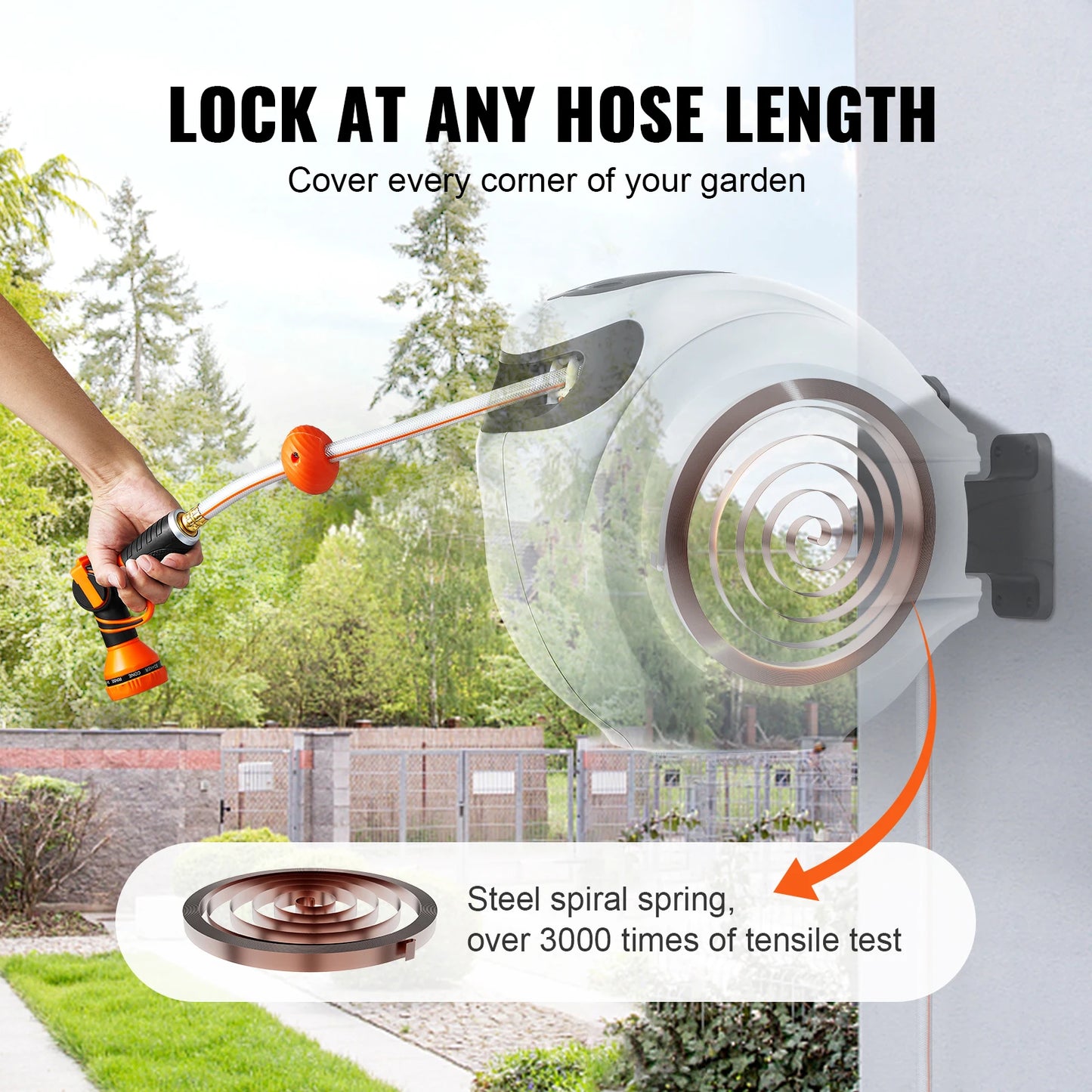 SucceBuy Retractable Hose Reel 180° Swivel Bracket Wall-Mounted Garden Water Hose Reel with 9-Pattern Nozzle Automatic Rewind