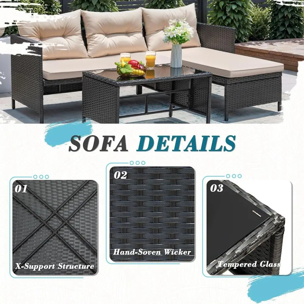 Light Beige 3-Piece Outdoor Wicker Sectional Sofa Set with Cushions and Coffee Table for Patio, Garden, Porch, Poolside