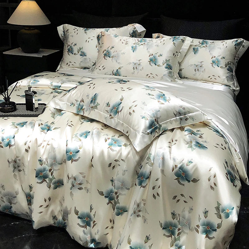 Luxury Mulberry Silk Duvet Cover High End Floral Printed Bedding Set Queen King Ice Silk Comforter Cover Bed Sheets Pillowcases