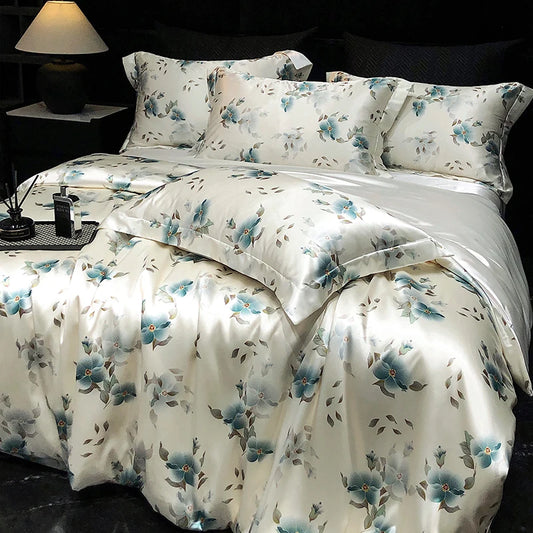 Luxury Mulberry Silk Duvet Cover High End Floral Printed Bedding Set Queen King Ice Silk Comforter Cover Bed Sheets Pillowcases