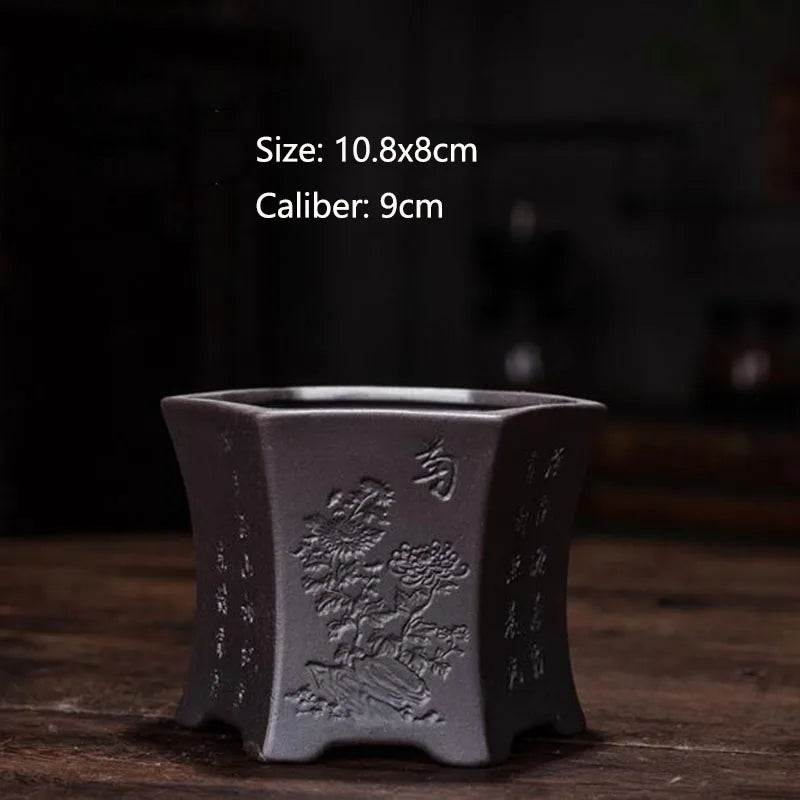 Purple Clay Orchid Plum Floral Pattern Flowerpot Bonsai Vase with A Hole Flower Pot Planter Container Ornaments Home Decor
