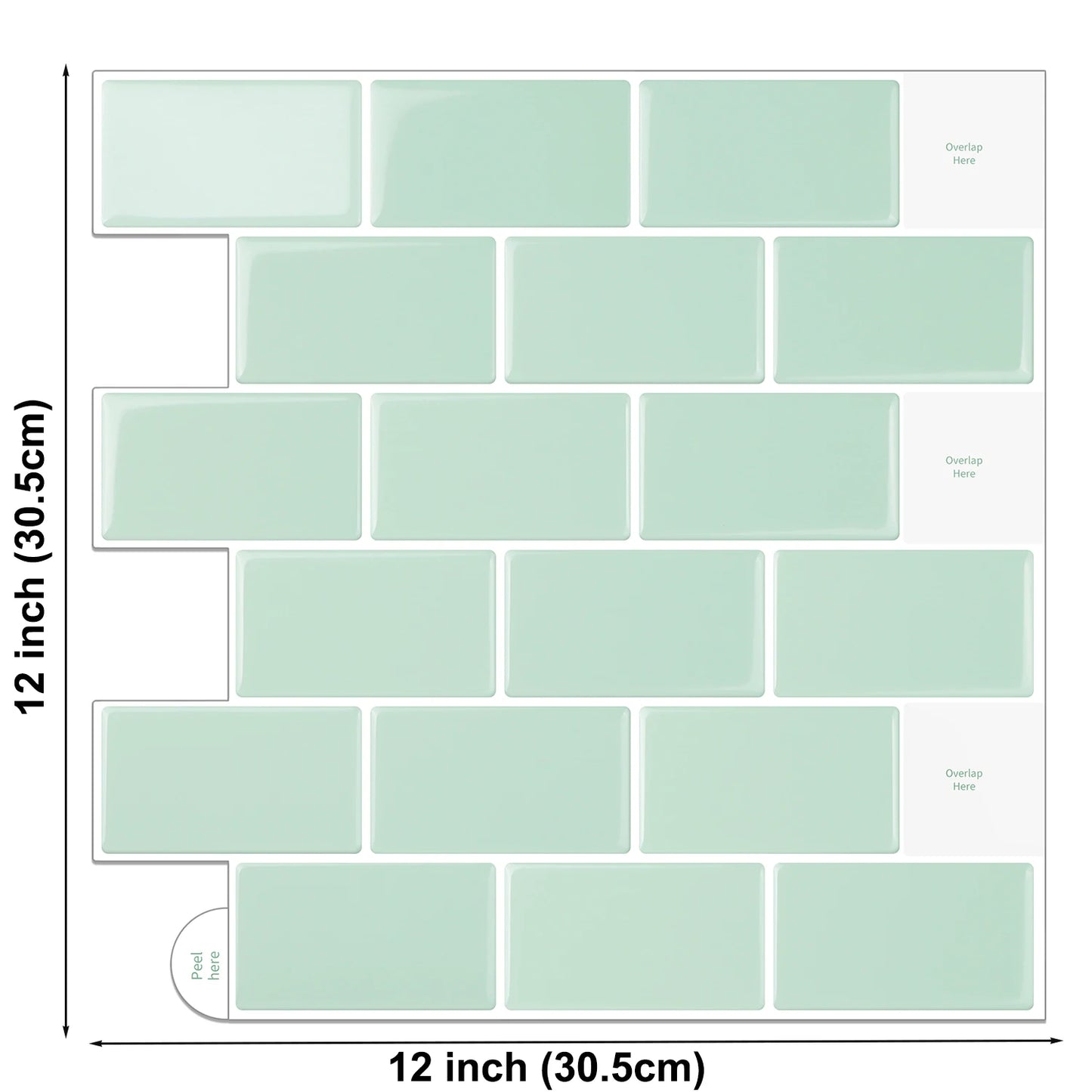 Vividtiles Big Size 12*12 Inch Self Adhesive Vinyl Wallpaper Peel and Stick Green Subway 3D Effect Tiles for Kicthen (5-Sheets)