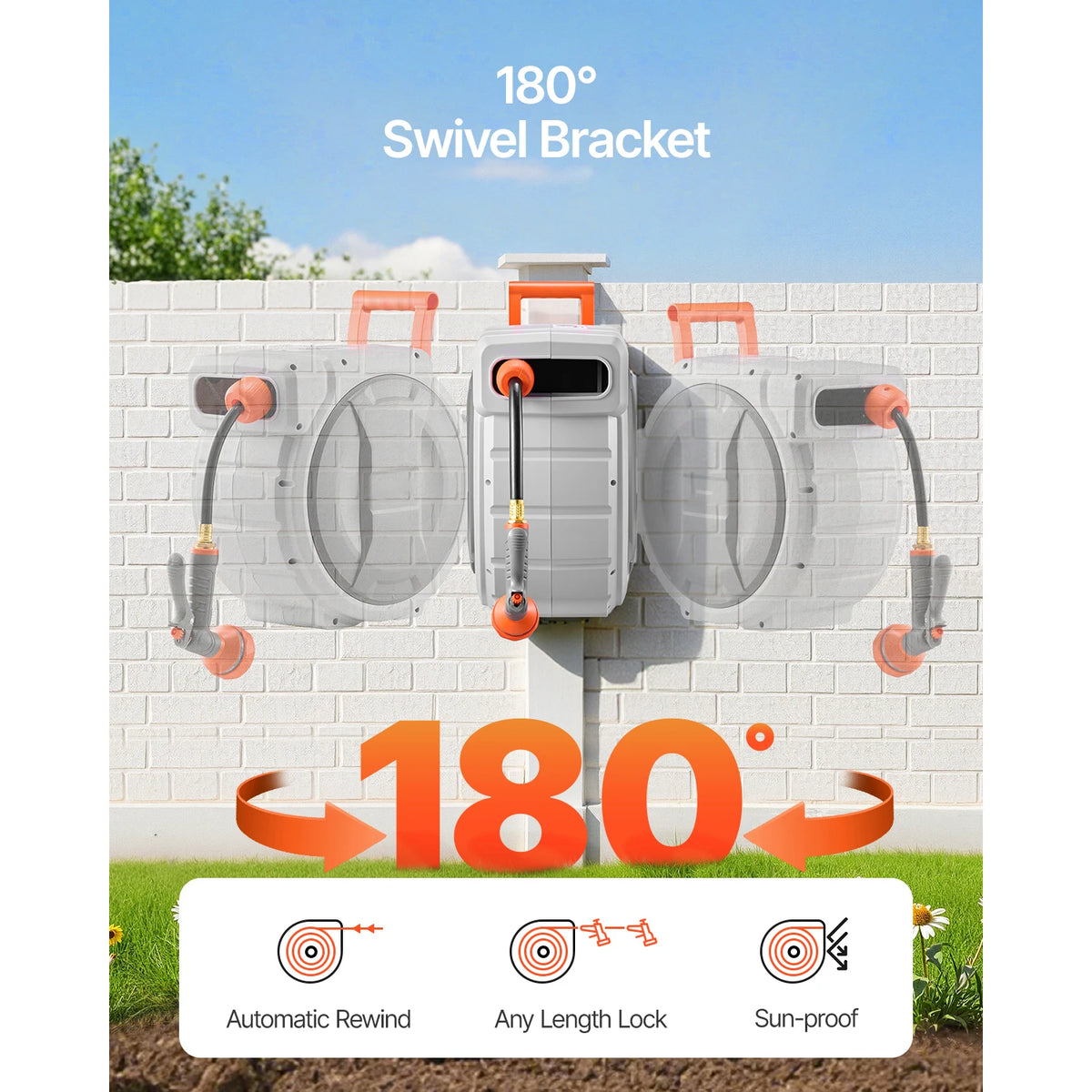 SucceBuy Retractable Garden Hose Reel Wall Mounted Hose Reel Heavy Duty Garden Hose Reel with 9Pattern Nozzle 180°Swivel Bracket
