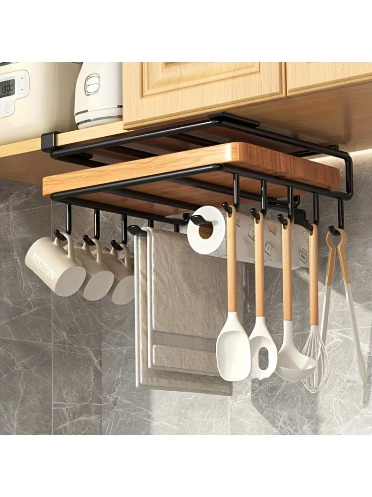 Stainless Steel No-Drill Kitchen Storage Rack for Hanging Under Cabinets, with a Board Holder, Paper Towel Holder, And Pot Lid Organizer